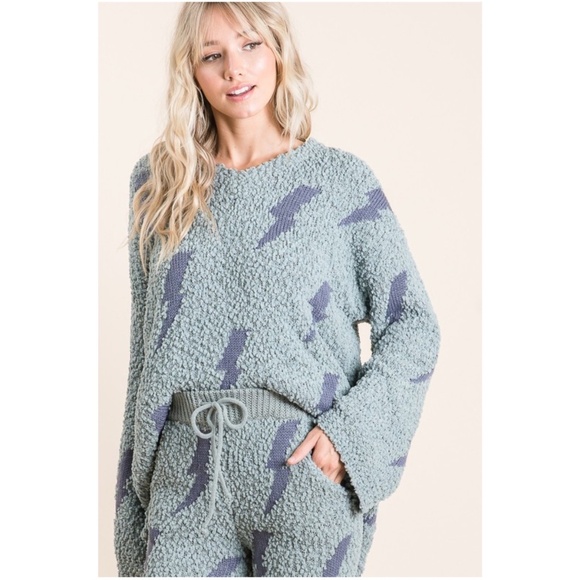 Bibi Cozy Popcorn Thunder Print V neck Sweater Pants Set - Picture 5 of 7